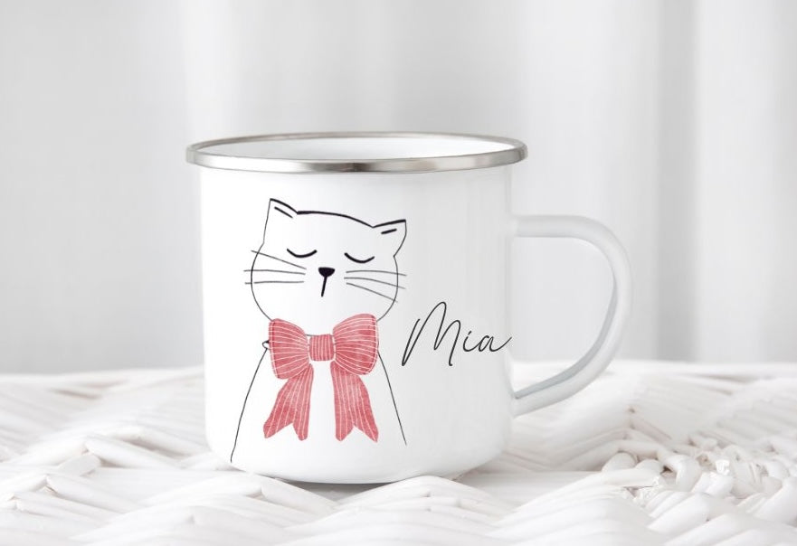 Emailletasse Katze mit Schleife und Name