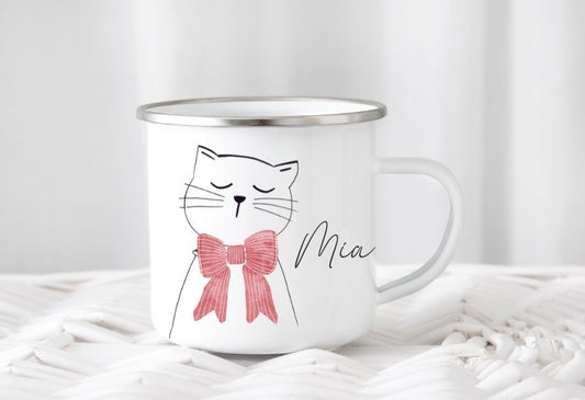 Emailletasse Katze mit Schleife und Name